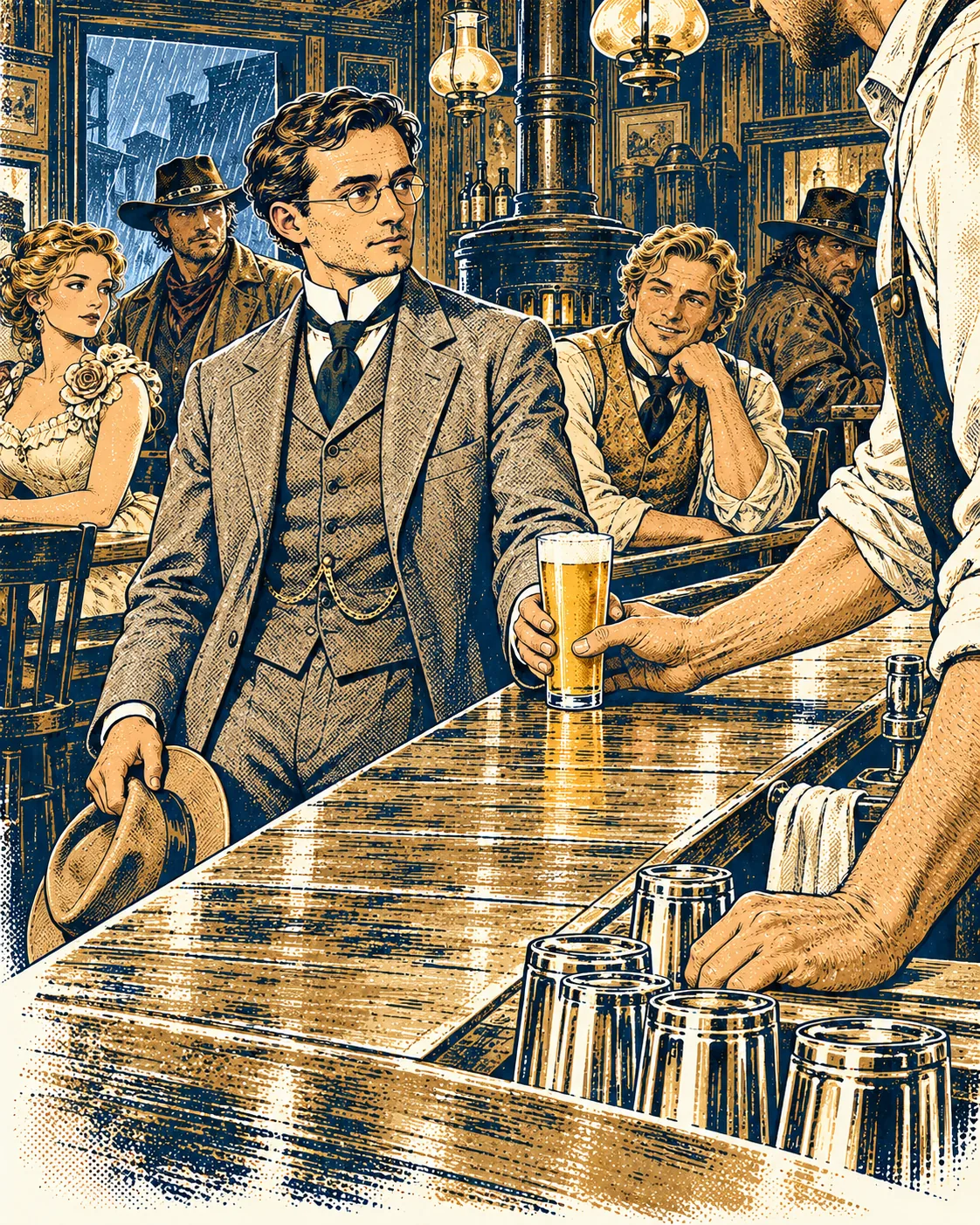 A neat gentleman in a gray suit accepts a glass of golden beer at the bar