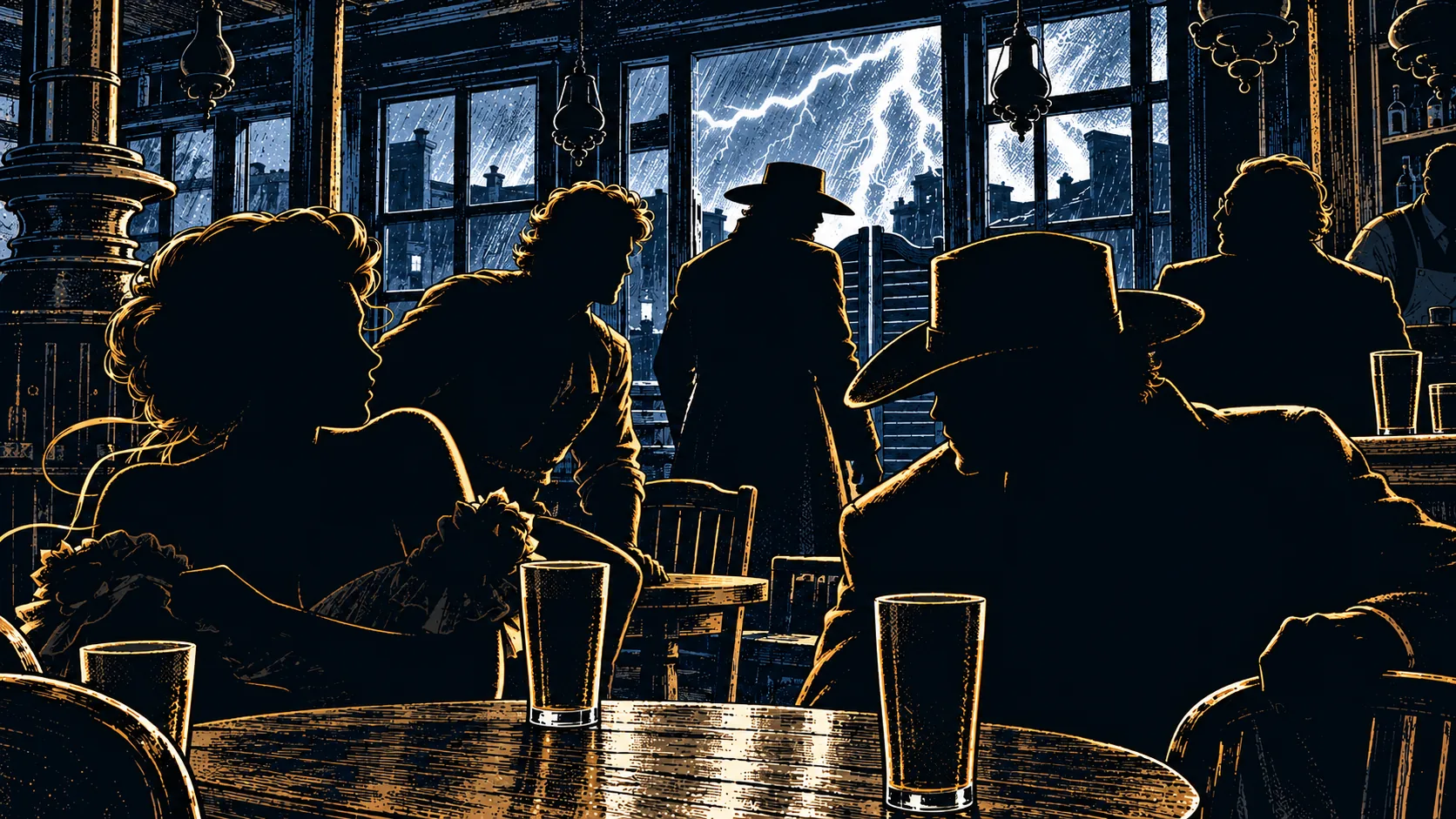 Lightning through the windows turns the whole saloon to silhouettes