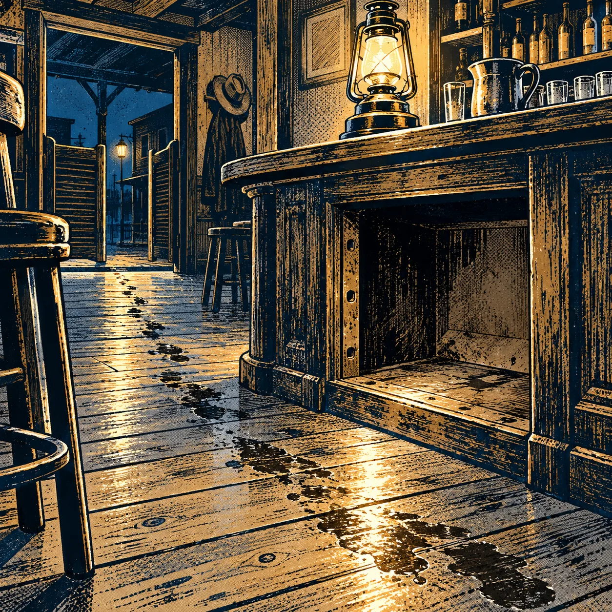 An empty space under the bar, wet marks leading away across the floorboards