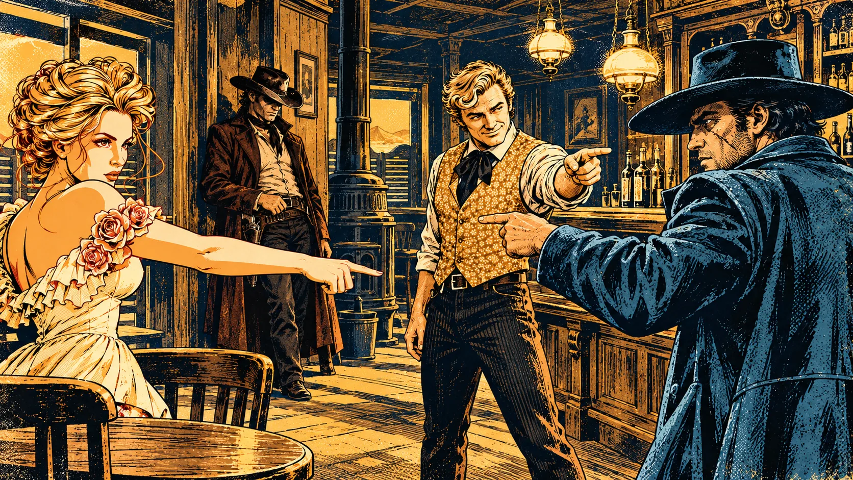 Outlaws on their feet pointing at one another across the saloon