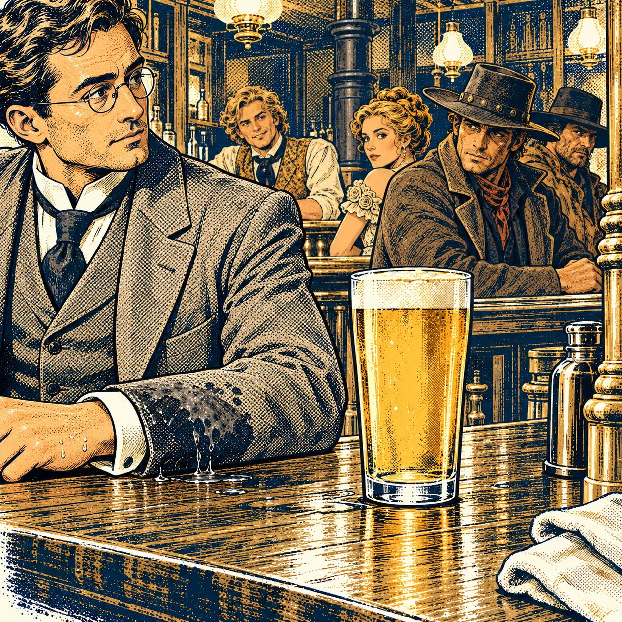 The gentleman's beer untouched beside his soaked gray cuff