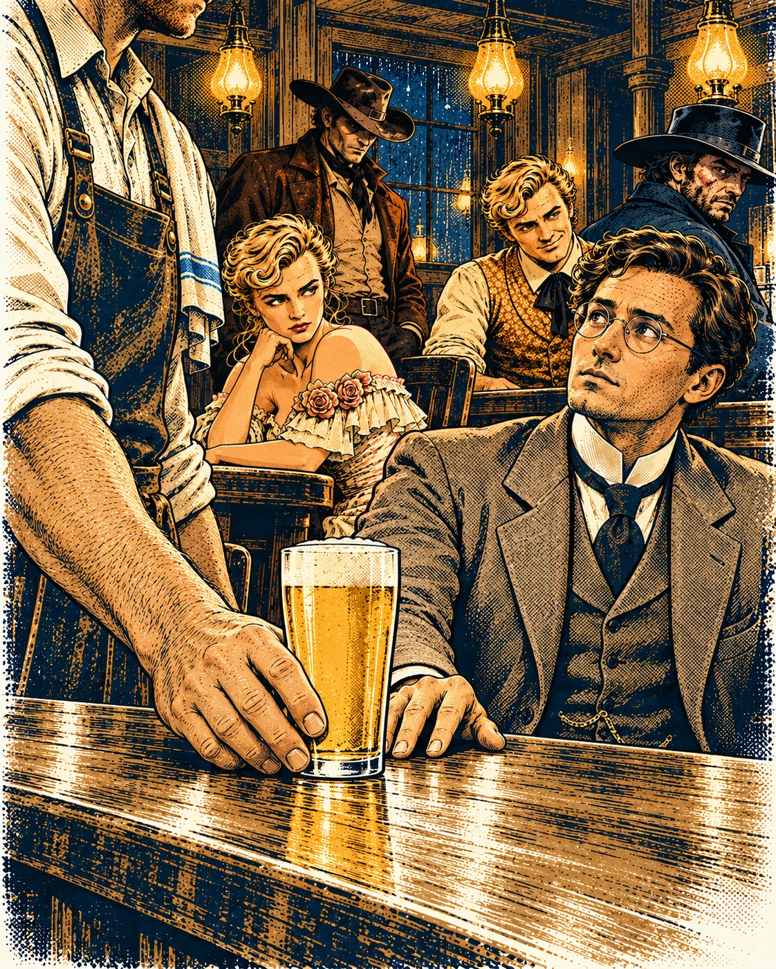 The bartender slides the full glass back until it touches the gentleman's fingers
