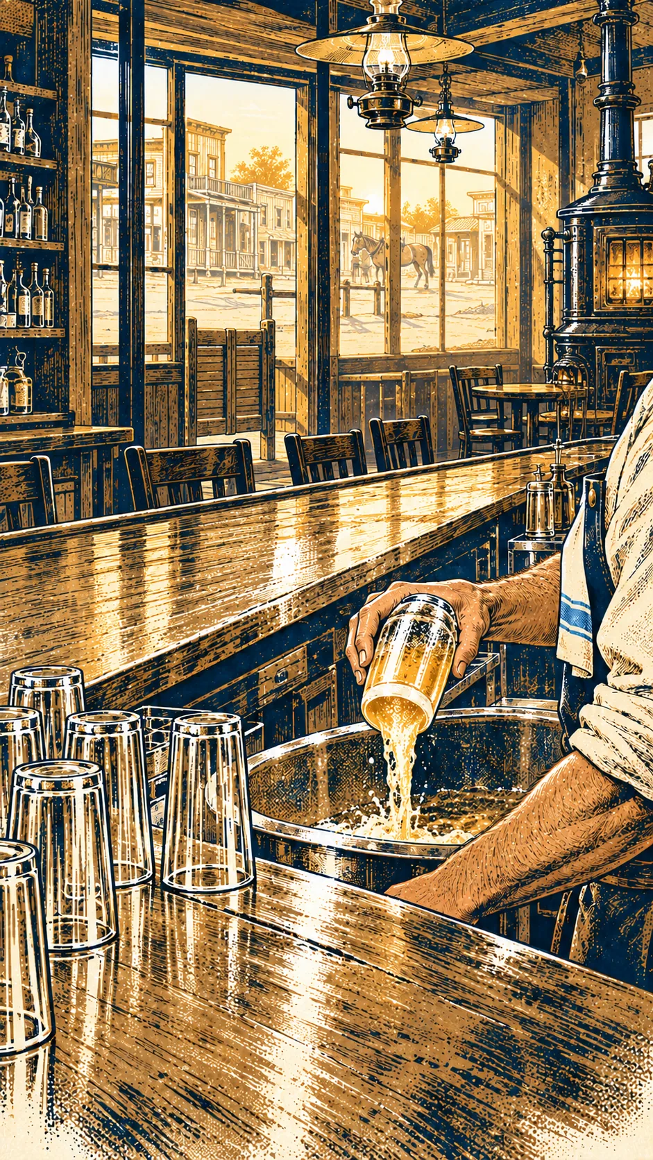 Dawn in the empty saloon, the bartender pouring a full glass out