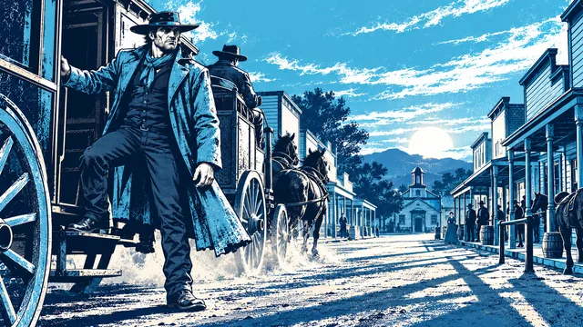 The scarred stranger steps down from a stagecoach onto the main street at sunset