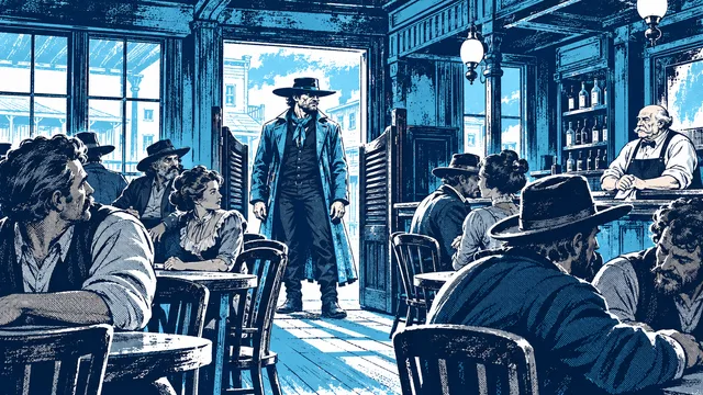 The stranger stands in the saloon doorway as the room turns to look him over