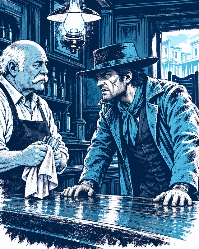 The stranger leans on the bar while the barkeep dries a glass and studies him