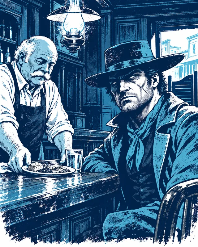 The barkeep sets down a plate of food beside the stranger, who watches the room