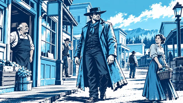 The stranger walks the busy main street in the morning as townsfolk nod and smile
