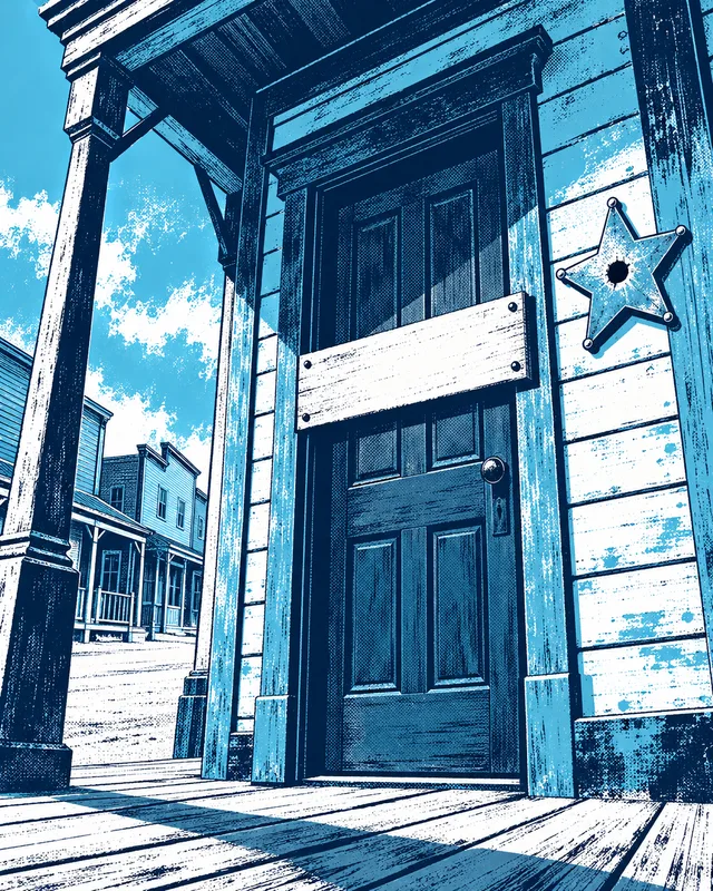 The locked door of the sheriff's office with a plank nailed across it and a tin star beside it