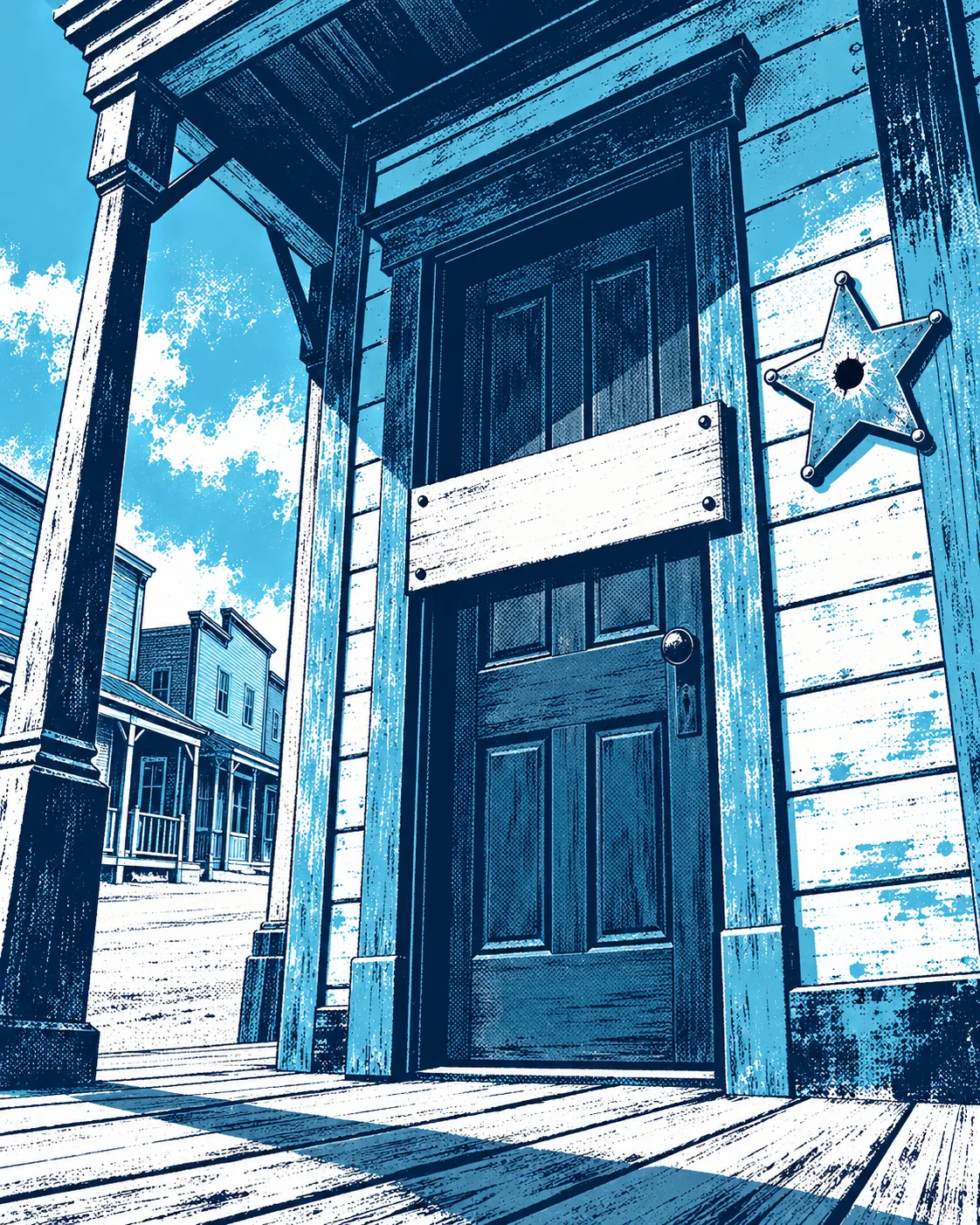 The locked door of the sheriff's office with a plank nailed across it and a tin star beside it