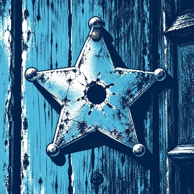 A tin sheriff's star nailed to weathered wood with a bullet hole through its center