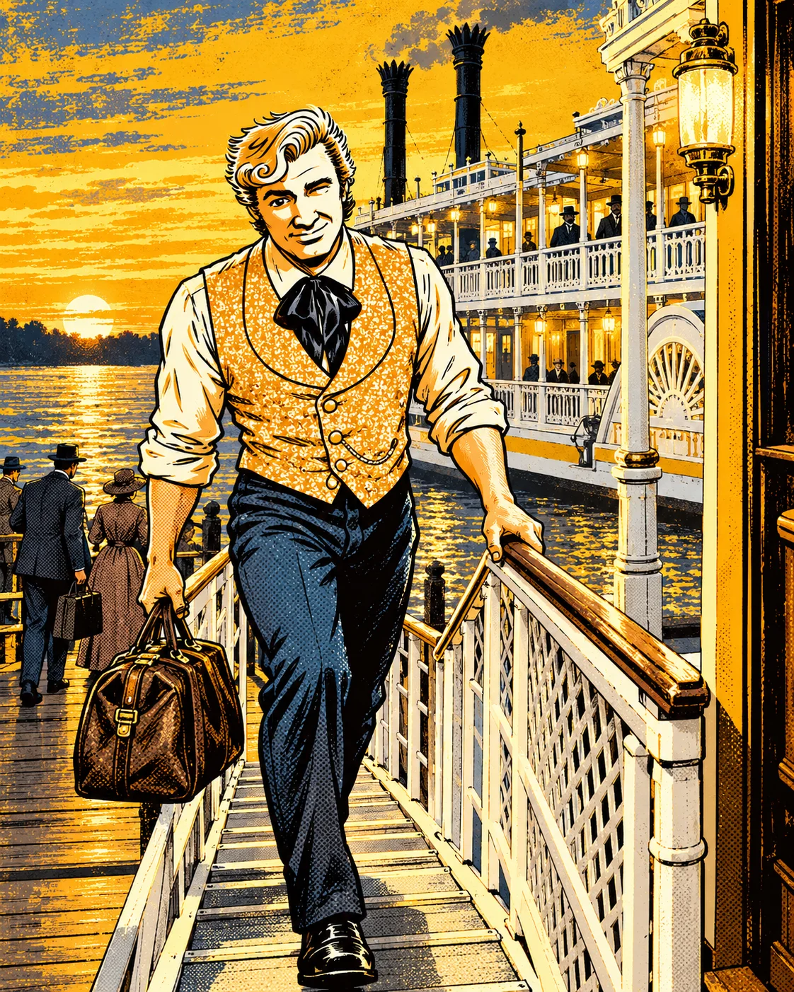 Sundance strides up the gangplank with one bag and a wink, peach vest catching the sunset