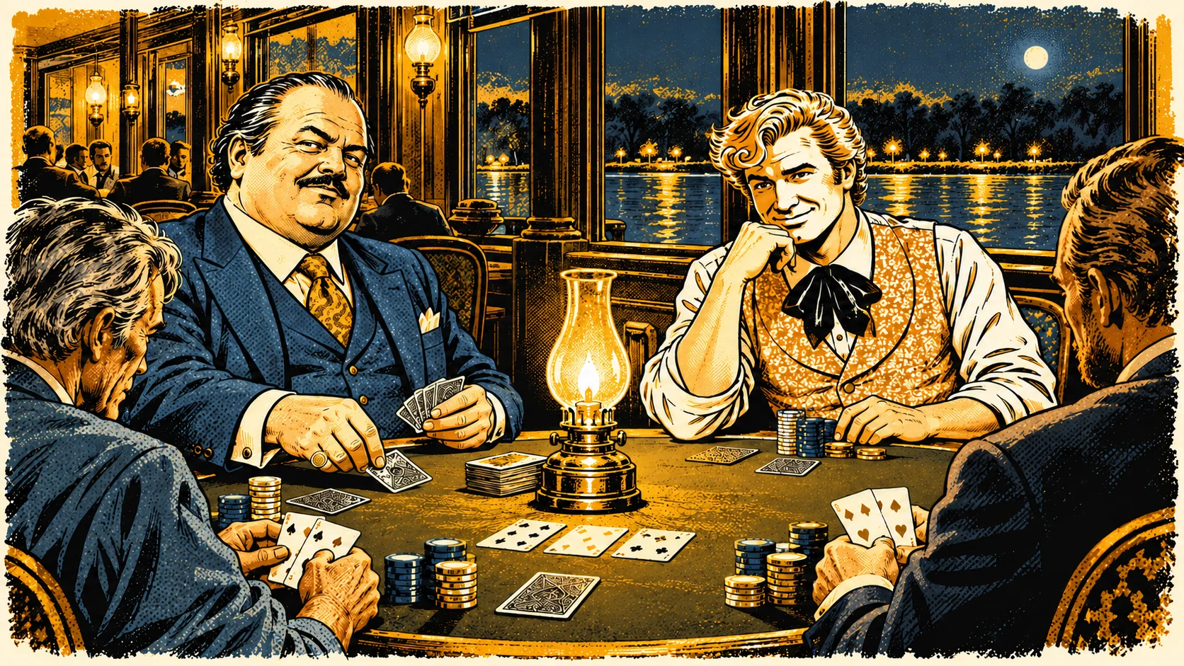 The card room at night: Augustus Pell deals with a gold ring on his finger while Sundance grins across the table
