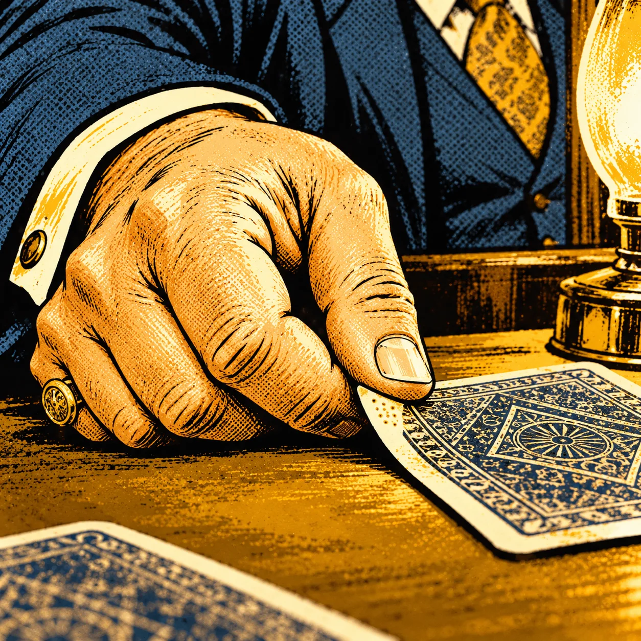 Close on Pell's ringed hand, his thumb resting on tiny pin pricks in a card's corner