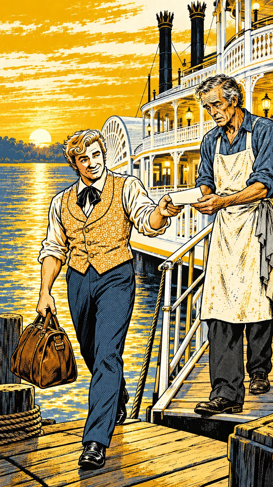 On the dock at sunrise, Sundance hands the deed to the boat's cook and walks on